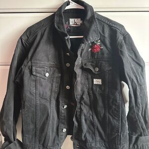 Calvin Klein Jeans Black Jean Jacket with Red Rose Embroidery